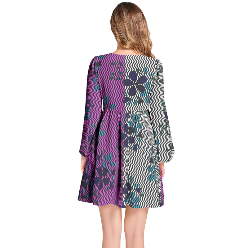 Two Tone Floral Waves Lantern Sleeve Deep V-Neck Short Dress - Objet D'Art