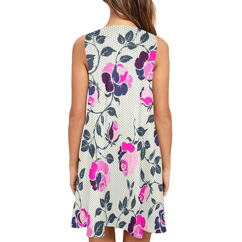 multicolored rose print 2 Sleeveless A-Line Pocket Dress (Model D57) - Objet D'Art