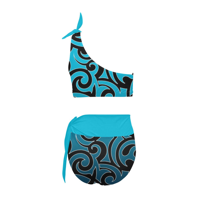 light blue print High Waisted One Shoulder Bikini Set (Model S16) - Objet D'Art