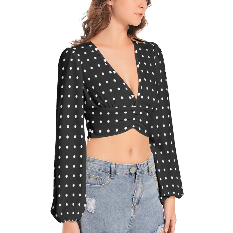 Polka Dot Women's Deep V-Neck Lantern Sleeve Crop Top - Objet D'Art