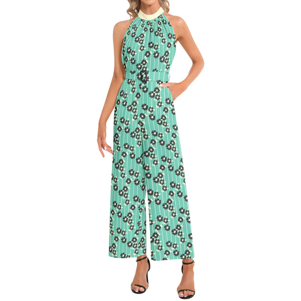 Mint Green Silhouette Garden Halter Neck Buckle Belted Jumpsuit - Objet D'Art