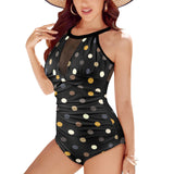 earthtone print 10A Women's High Neck Plunge Mesh Ruched Swimsuit (S43) - Objet D'Art