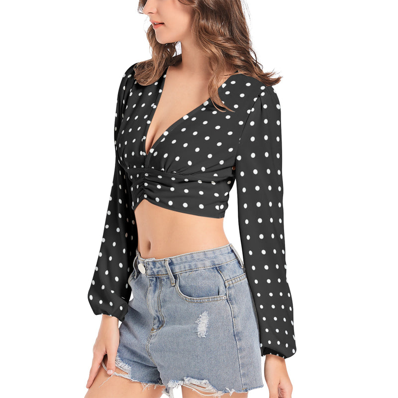 Polka Dot Women's Deep V-Neck Lantern Sleeve Crop Top - Objet D'Art