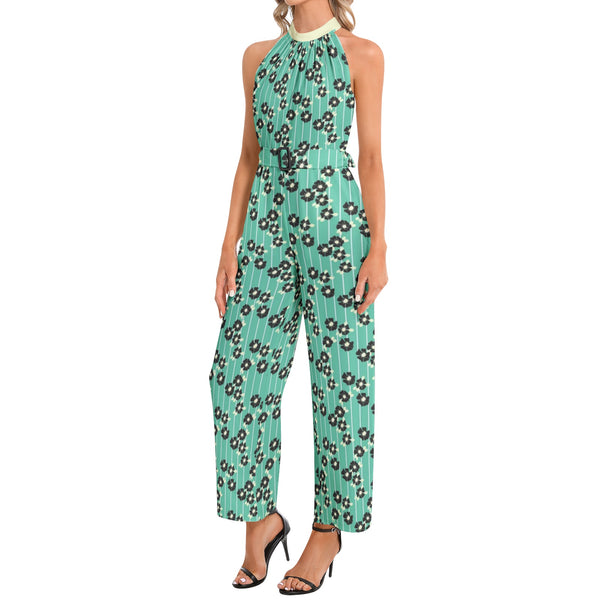 Mint Green Silhouette Garden Halter Neck Buckle Belted Jumpsuit - Objet D'Art