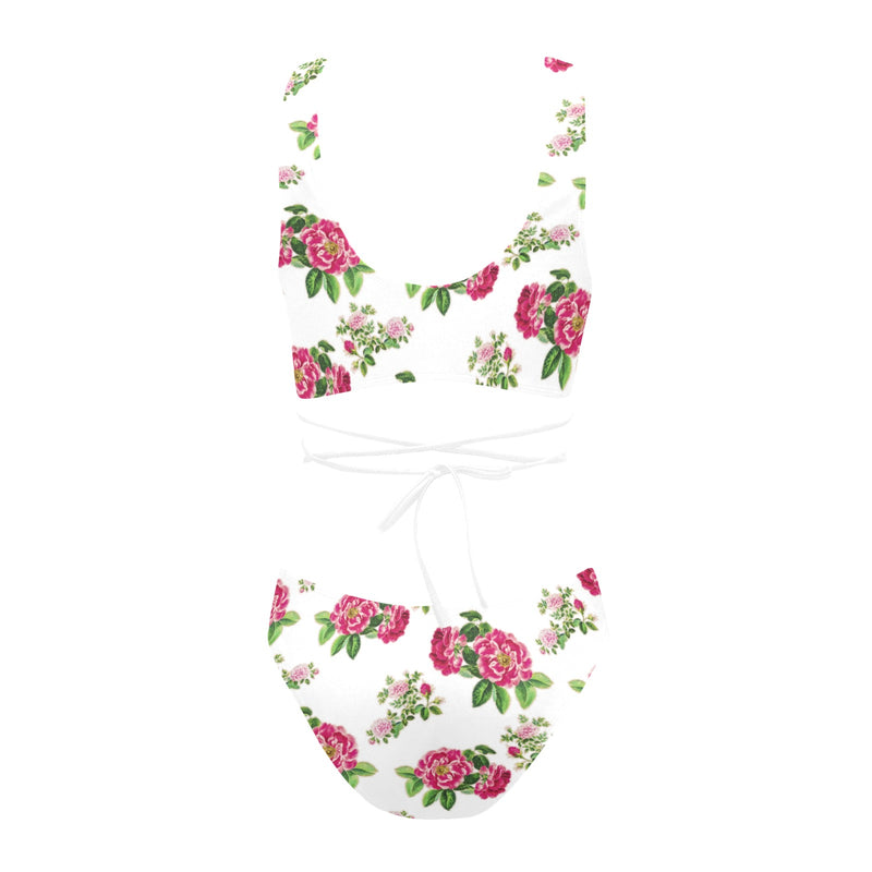 pink on white rose print Cross String Bikini Set (Model S29) - Objet D'Art