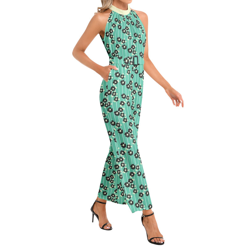 Mint Green Silhouette Garden Halter Neck Buckle Belted Jumpsuit - Objet D'Art