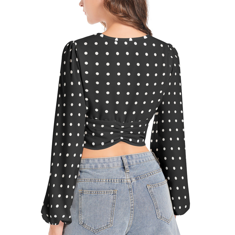 Polka Dot Women's Deep V-Neck Lantern Sleeve Crop Top - Objet D'Art