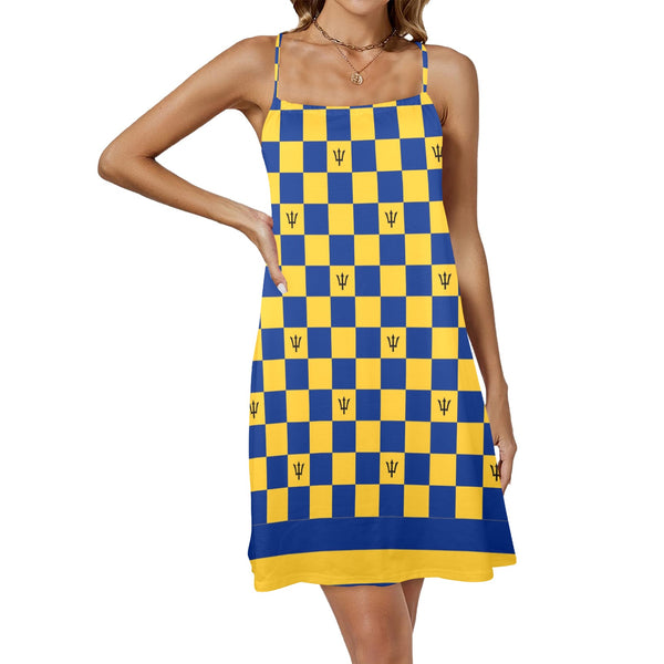 barbados striped checkered trident Drawstring Neck Sleeveless Dress (Model D68) - Objet D'Art