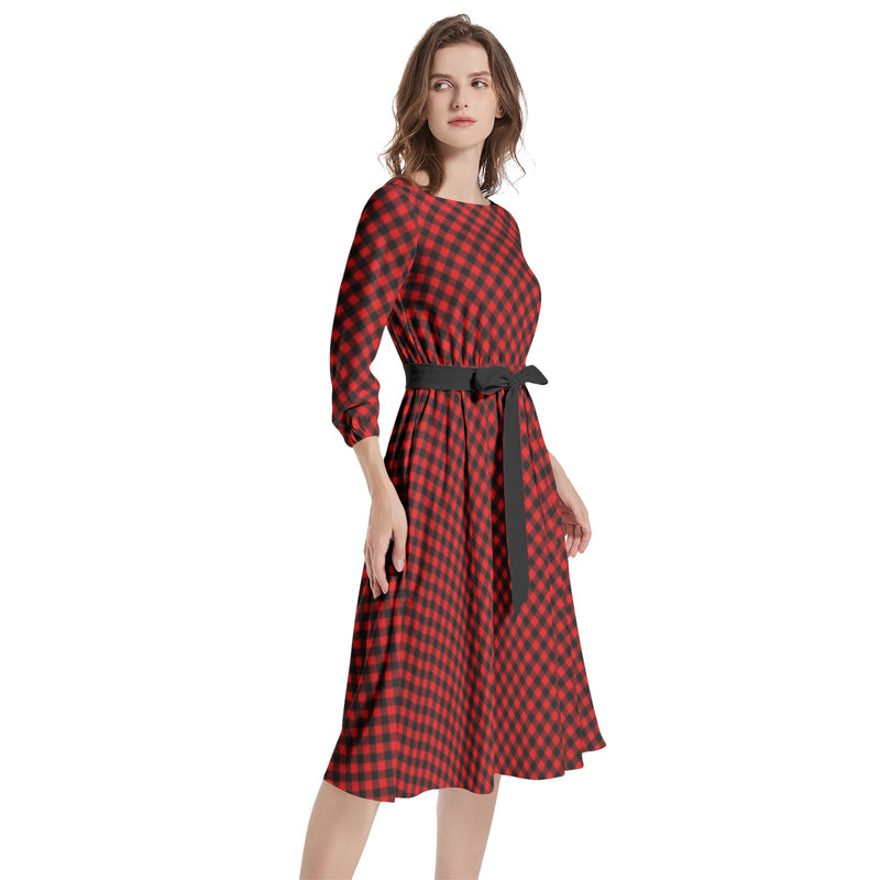 Buffalo Plaid Boat Neck Belted Flared Dress - Objet D'Art