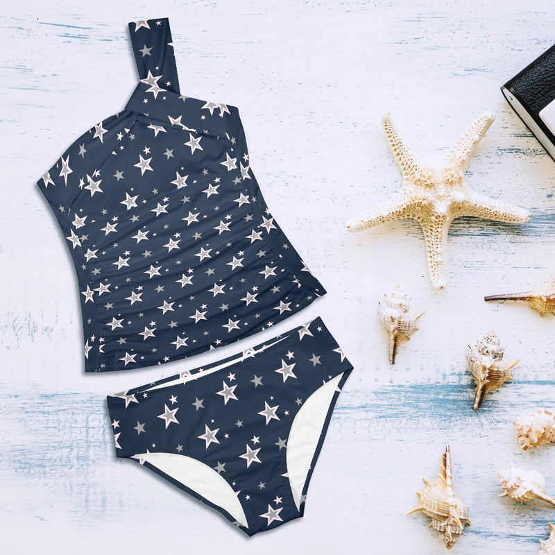 stars blue print 2 Women's One Shoulder Backless Swimsuit (Model S44) - Objet D'Art