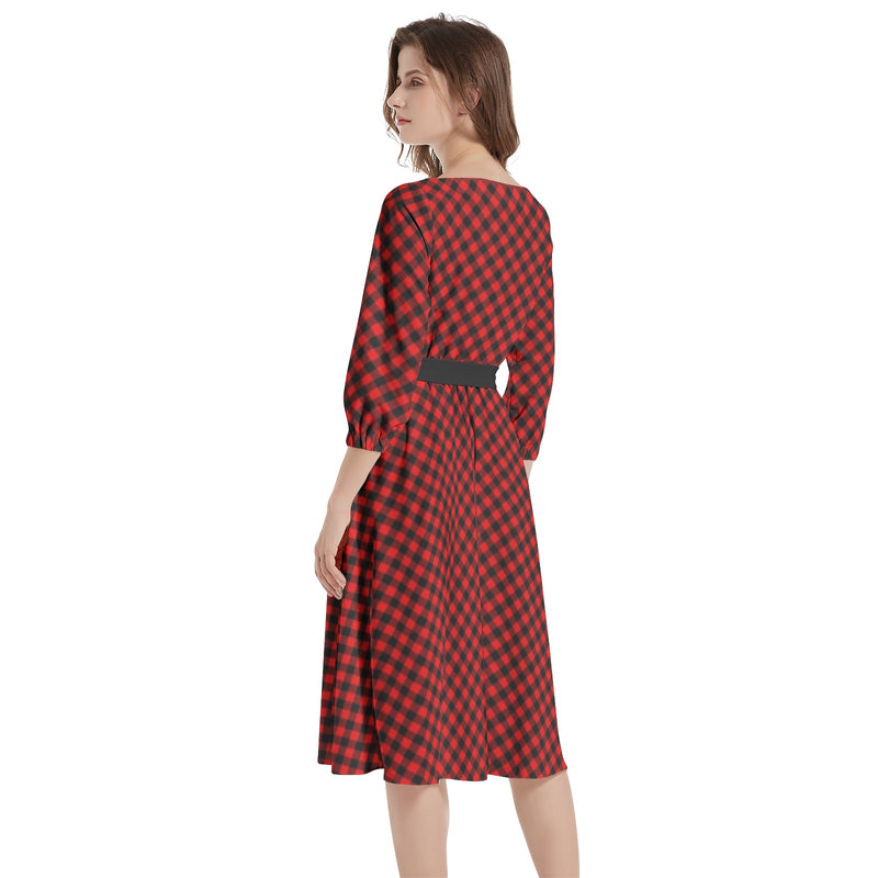 Buffalo Plaid Boat Neck Belted Flared Dress - Objet D'Art