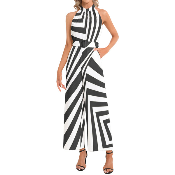 Concentric Window Panes Halter Neck Buckle Belted Jumpsuit - Objet D'Art