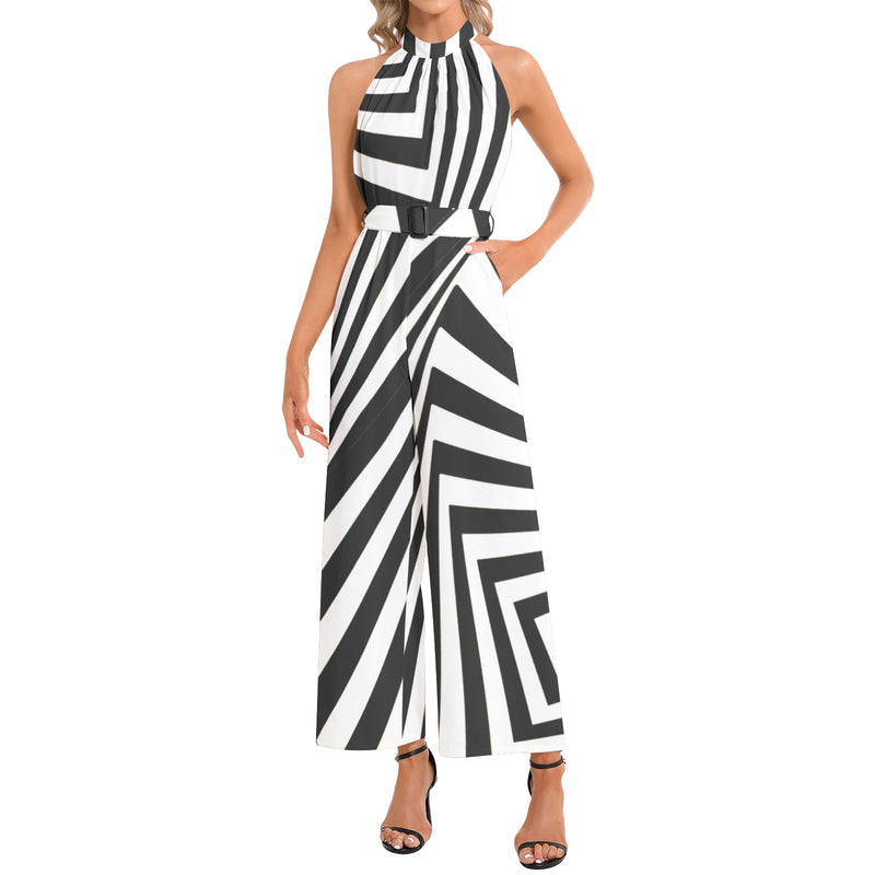 Concentric Window Panes Halter Neck Buckle Belted Jumpsuit - Objet D'Art