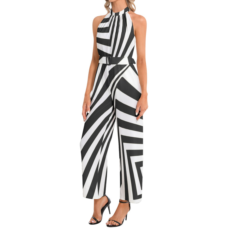 Concentric Window Panes Halter Neck Buckle Belted Jumpsuit - Objet D'Art