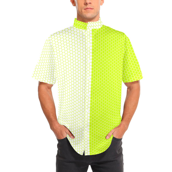 neon green hex print 5 Men's Stand-Up Collar Short Sleeve Shirt - Objet D'Art