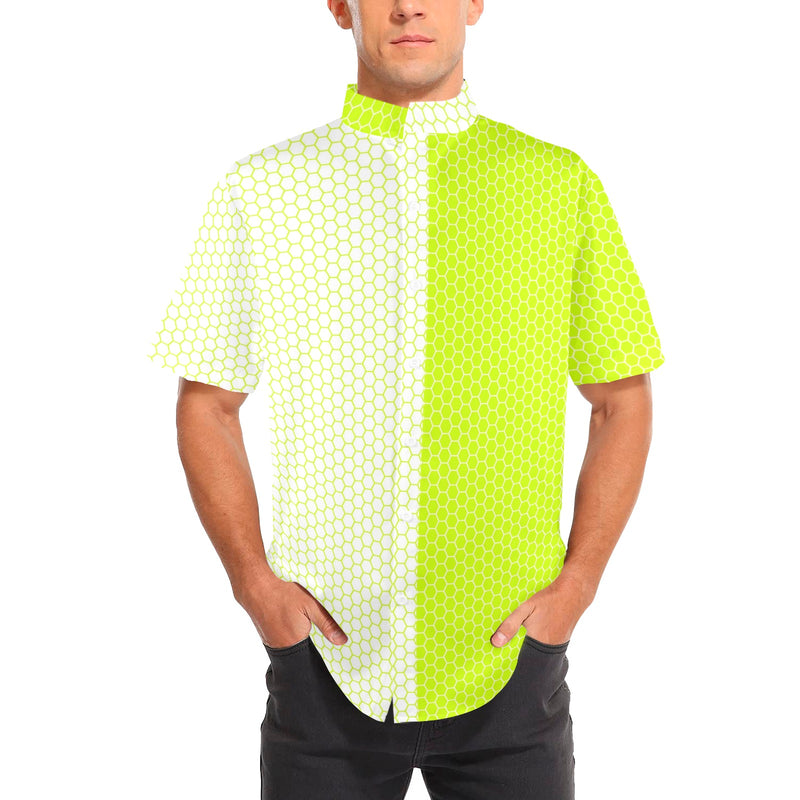 neon green hex print 5 Men's Stand-Up Collar Short Sleeve Shirt - Objet D'Art
