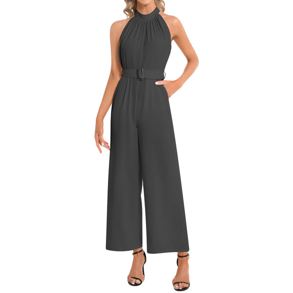 Black Halter Neck Buckle Belted Jumpsuit - Objet D'Art