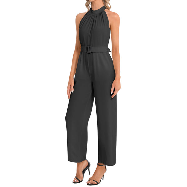 Black Halter Neck Buckle Belted Jumpsuit - Objet D'Art