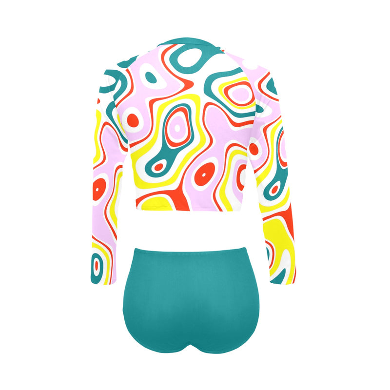 light pine green solid print Long Sleeve Bikini Set (Model S27) - Objet D'Art