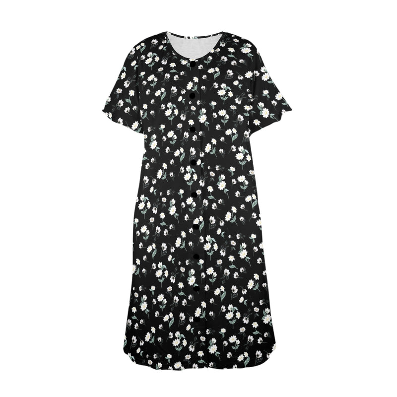 white and black floral print 2A Women's Button Front House Dress - Objet D'Art