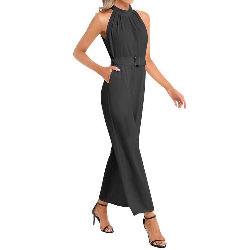 Black Halter Neck Buckle Belted Jumpsuit - Objet D'Art