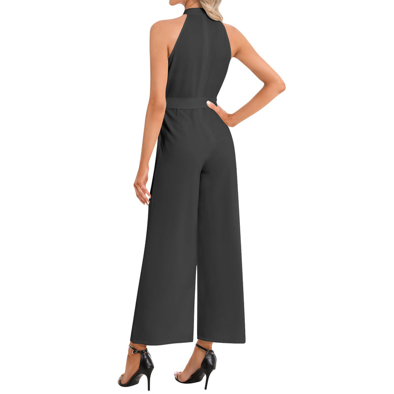 Black Halter Neck Buckle Belted Jumpsuit - Objet D'Art