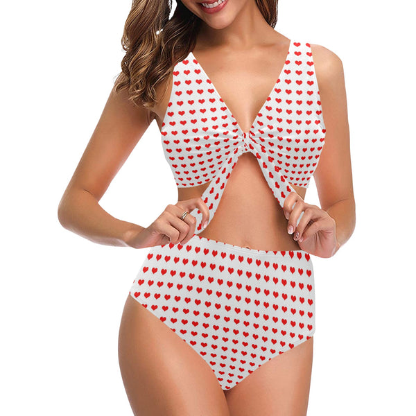 red hot heart 3 print 2 Chest Bowknot Bikini Swimsuit (Model S33) - Objet D'Art