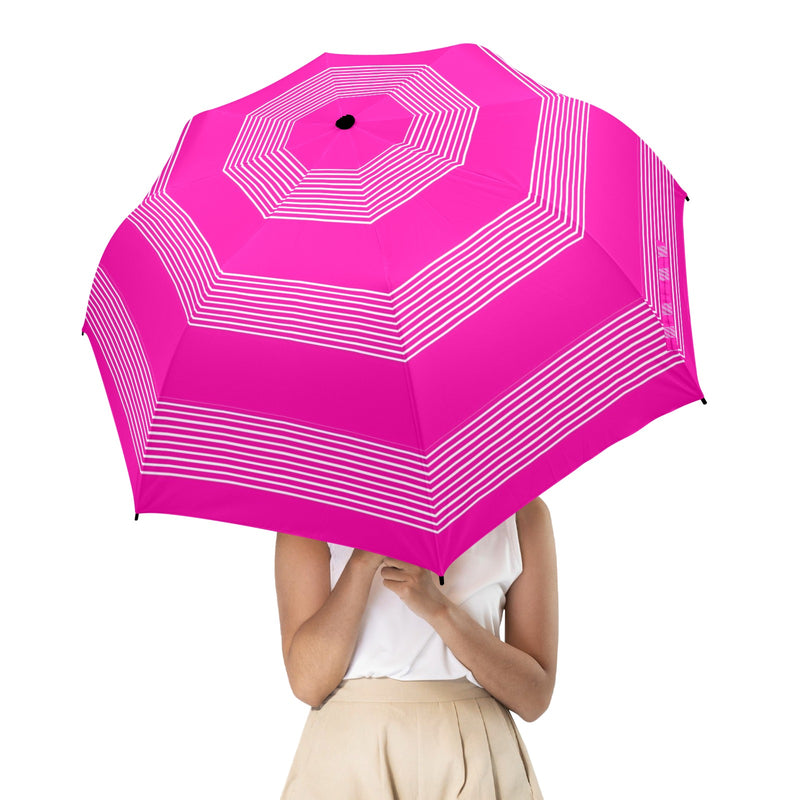 fuchsia striped umbrella print 2A Semi-Automatic Foldable Umbrella (Model U12) - Objet D'Art