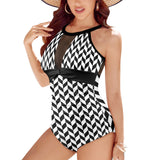 bw print broken chev Women's High Neck Plunge Mesh Ruched Swimsuit (S43) - Objet D'Art