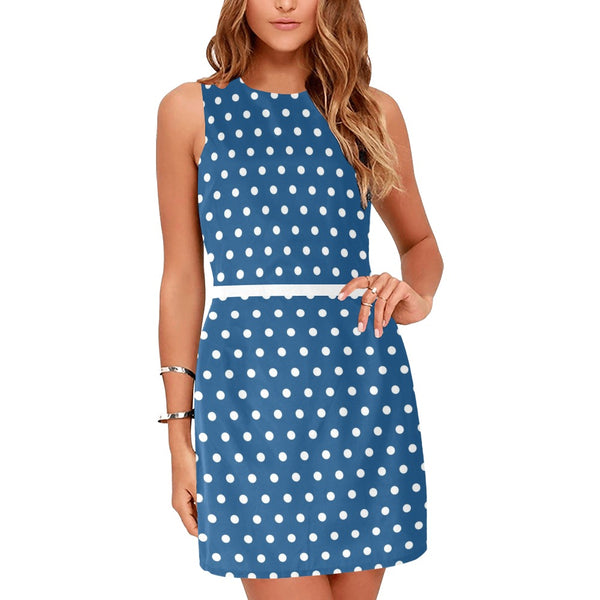 blue polka dot print 4 Eos Women's Sleeveless Dress (Model D01) - Objet D'Art
