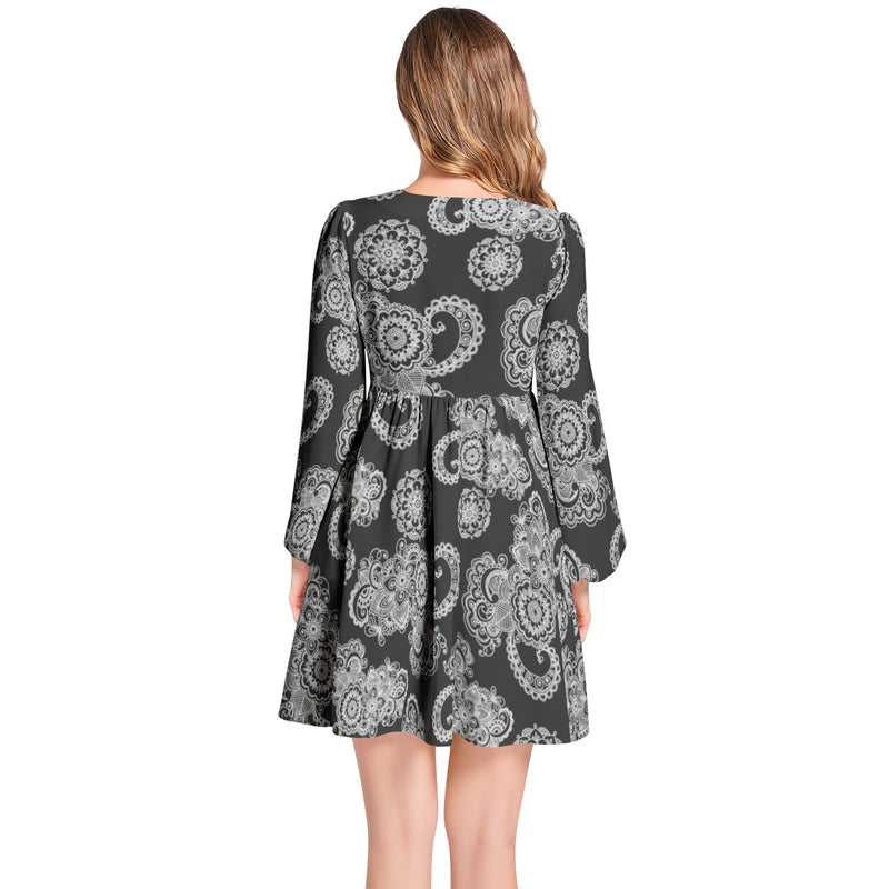 Lantern Sleeve Deep V-Neck Short Dress - Objet D'Art