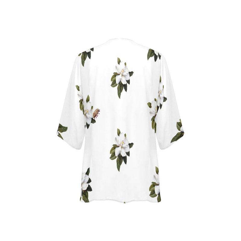 magnolia print on white Women's Kimono Chiffon Cover Up (Model H51) - Objet D'Art