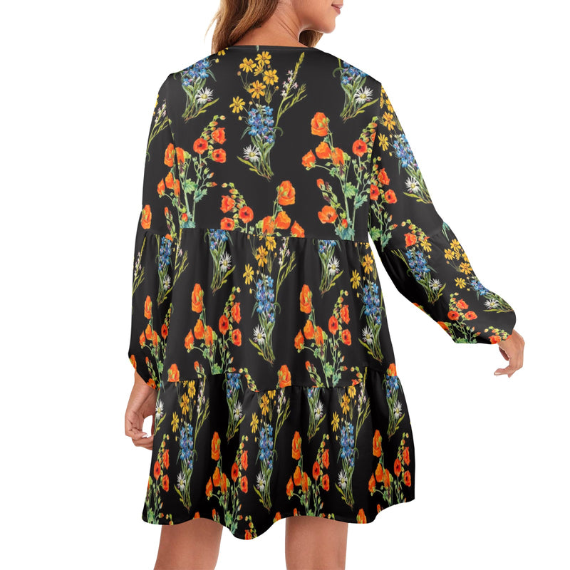 floral plant print V-Neck Loose Fit Dress (Model D66) - Objet D'Art