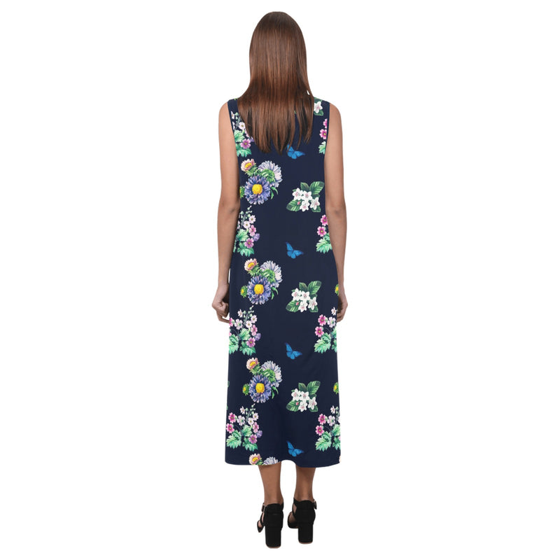 floral blue print 5 Phaedra Sleeveless Open Fork Long Dress (Model D08) - Objet D'Art