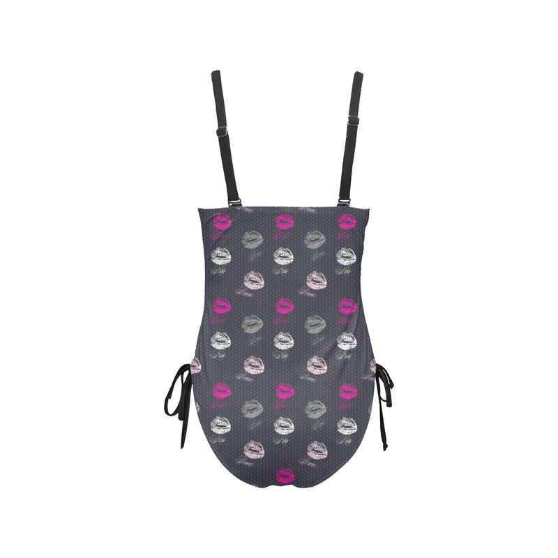 FUCHSIA LIPS POLYGLOT grey hex two tone print 2 Drawstring Side One-Piece Swimsuit (Model S14) - Objet D'Art