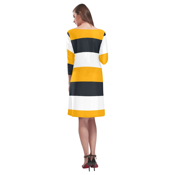 striped gold white black print Rhea Loose Round Neck Dress(Model D22) - Objet D'Art