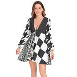 Black and White Lantern Sleeve Deep V-Neck Short Dress - Objet D'Art