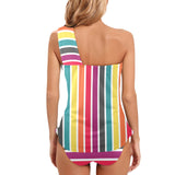 6 COLOR PALLETTE STRIPED FITTED SKIRT PRINT Women's One Shoulder Backless Swimsuit (Model S44) - Objet D'Art