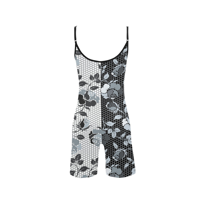 selenium gray print 3 Women's Short Yoga Bodysuit - Objet D'Art