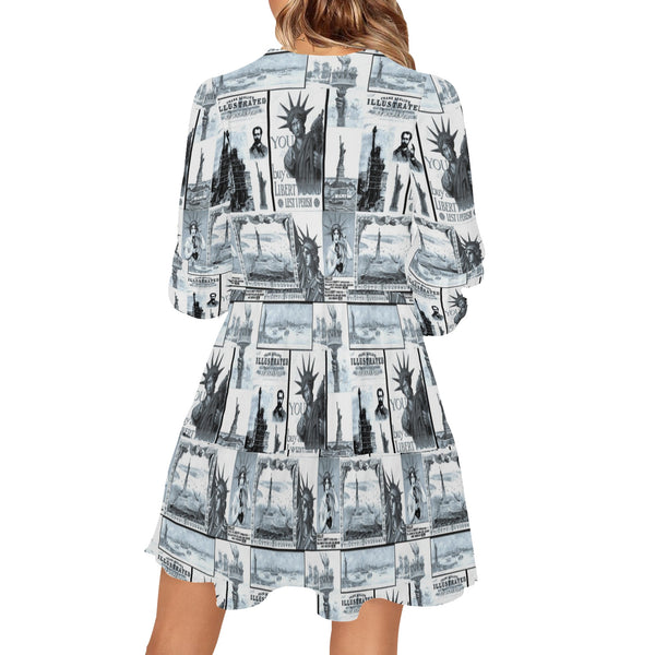 selenium lady liberty print 6 V-Neck Loose Fit Dress (Model D62) - Objet D'Art