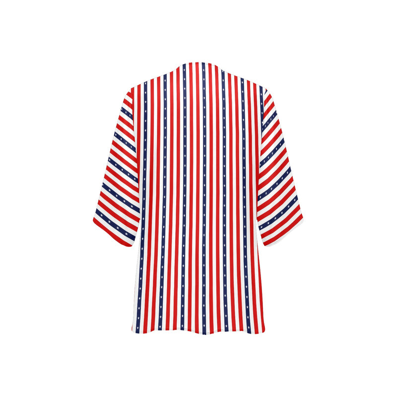 stars and stripes stripe print Women's Kimono Chiffon Cover Up (Model H51) - Objet D'Art