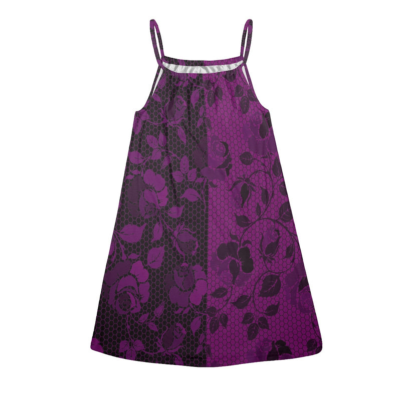purple rose print 2 Drawstring Neck Sleeveless Dress (Model D68) - Objet D'Art