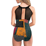 bandana print calico yoga_leggings_template-Recovered-Recovered copy Women's High Neck Plunge Mesh Ruched Swimsuit (S43) - Objet D'Art