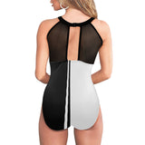 black solid print skirt Women's High Neck Plunge Mesh Ruched Swimsuit (S43) - Objet D'Art