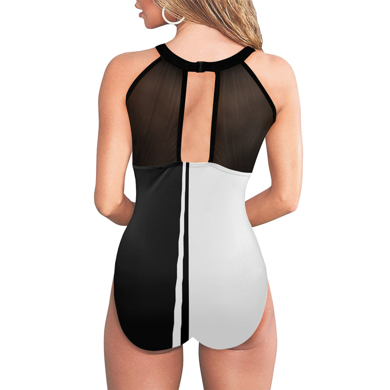 black solid print skirt Women's High Neck Plunge Mesh Ruched Swimsuit (S43) - Objet D'Art