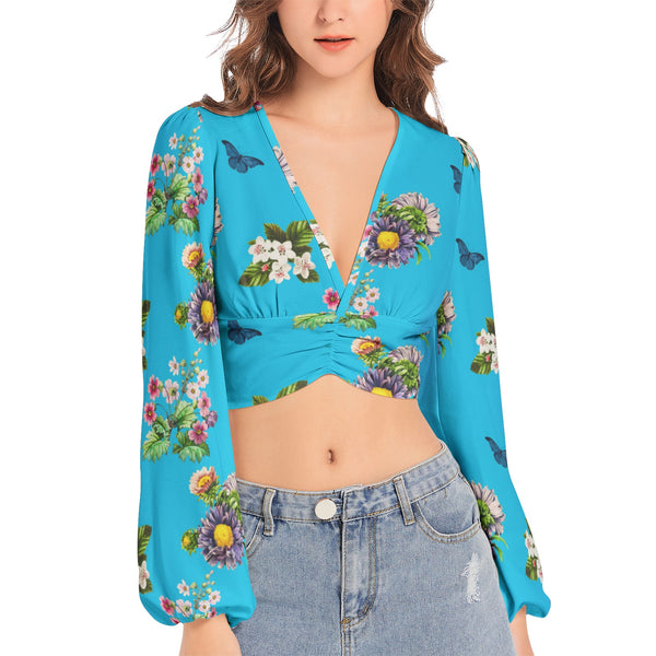 Women's Deep V-Neck Lantern Sleeve Crop Top - Objet D'Art