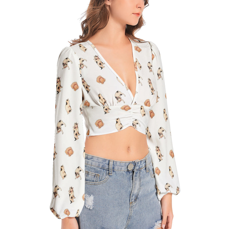 Women's Deep V-Neck Lantern Sleeve Crop Top - Objet D'Art