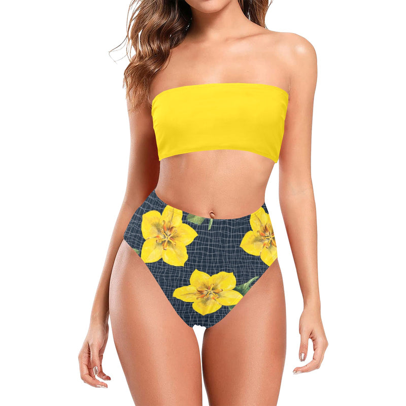 yellow flora print copy Chest Wrap Bikini Swimsuit (Model S36) - Objet D'Art