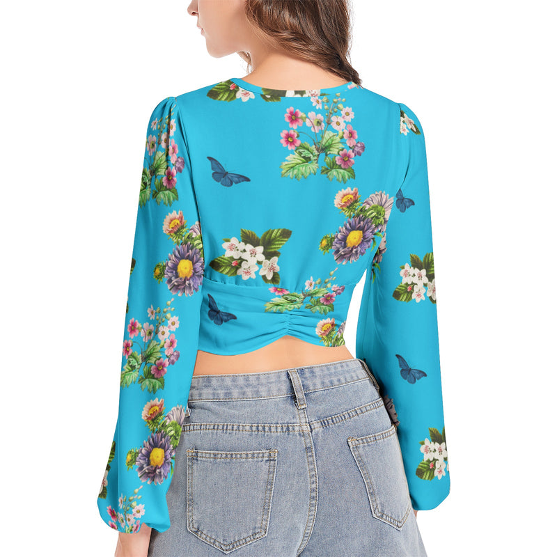 Women's Deep V-Neck Lantern Sleeve Crop Top - Objet D'Art