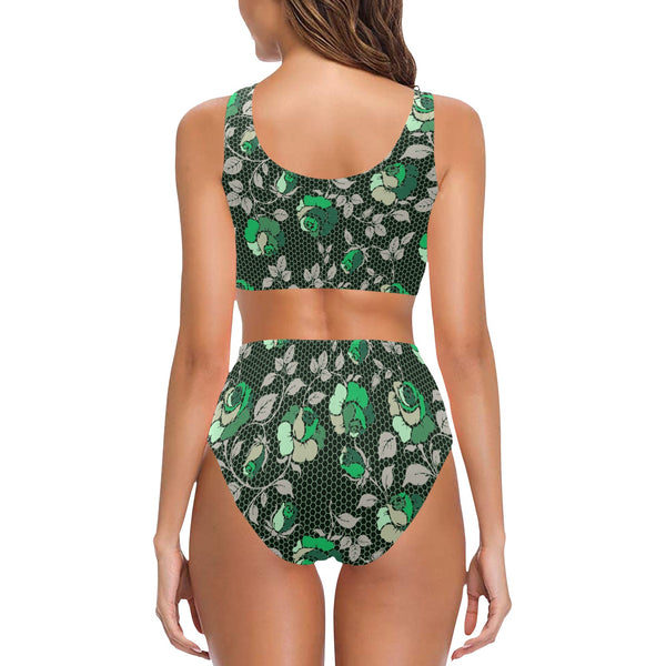 green rose print 2 Chest Bowknot Bikini Swimsuit (Model S33) - Objet D'Art
